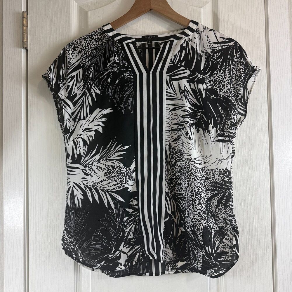 Talbots Petites Tropical Stripe Print Blouse Top Black White Polyester Women's P